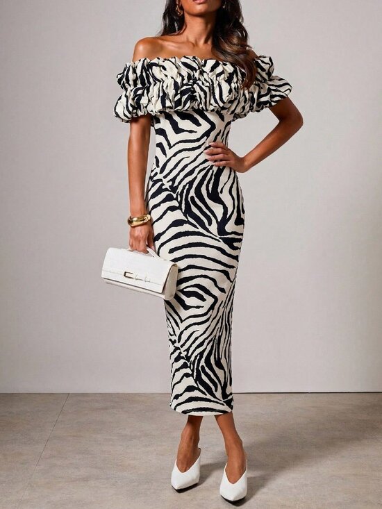 Dresses & Skirts - Elegant Women's Zebra Print Ruffle off shoulder design body fitted midi Dress